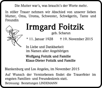 Traueranzeige von Irmgard Foitzik (geb. Scharun)  von Magdeburger Volksstimme