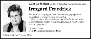 Traueranzeige von Irmgard Fraedrick  von Magdeburger Volksstimme