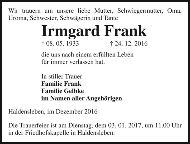  Traueranzeige für Irmgard Frank  vom 31.12.2016 aus Magdeburger Volksstimme