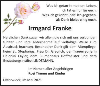 Traueranzeige von Irmgard Franke  von Magdeburger Volksstimme