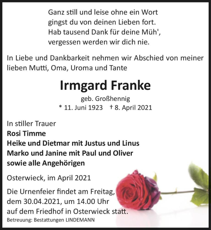  Traueranzeige für Irmgard Franke (geb. Großhennig)  vom 17.04.2021 aus Magdeburger Volksstimme