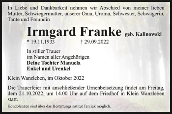 Traueranzeige von Irmgard Franke (geb. Kalinowski)  von Magdeburger Volksstimme