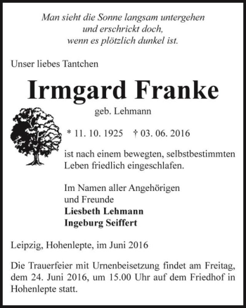 Traueranzeige von Irmgard Franke (geb. Lehmann)  von Magdeburger Volksstimme