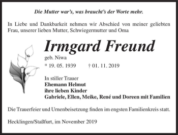 Traueranzeige von Irmgard Freund (geb. Niwa)  von Magdeburger Volksstimme