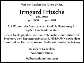 Traueranzeige von Irmgard Fritsche (geb. Ernst)  von Magdeburger Volksstimme