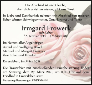 Traueranzeige von Irmgard Frowerk (geb. Leber)  von Magdeburger Volksstimme