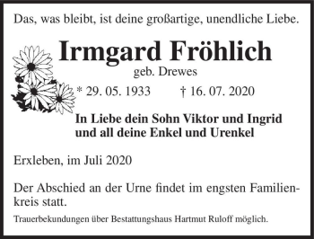 Traueranzeige von Irmgard Fröhlich (geb. Drewes)  von Magdeburger Volksstimme