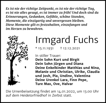 Traueranzeige von Irmgard Fuchs  von Magdeburger Volksstimme