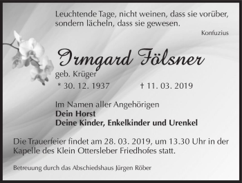 Traueranzeige von Irmgard Fölsner (geb. Krüger)  von Magdeburger Volksstimme