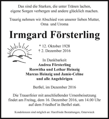 Traueranzeige von Irmgard Försterling  von Magdeburger Volksstimme