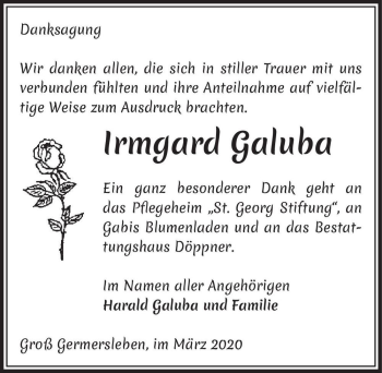 Traueranzeige von Irmgard Galuba  von Magdeburger Volksstimme