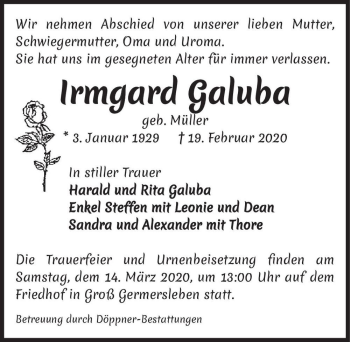 Traueranzeige von Irmgard Galuba (geb. Müller)  von Magdeburger Volksstimme