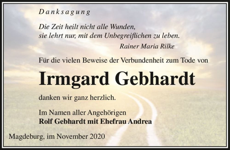  Traueranzeige für Irmgard Gebhardt  vom 14.11.2020 aus Magdeburger Volksstimme