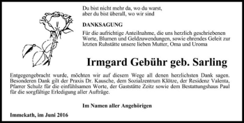 Traueranzeige von Irmgard Gebühr (geb. Sarling)  von Magdeburger Volksstimme