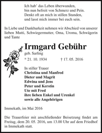 Traueranzeige von Irmgard Gebühr (geb. Sarling)  von Magdeburger Volksstimme
