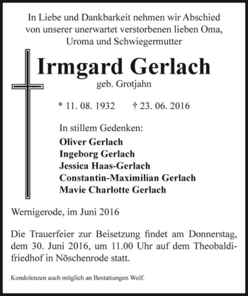 Traueranzeige von Irmgard Gerlach (geb. Grotjahn)  von Magdeburger Volksstimme