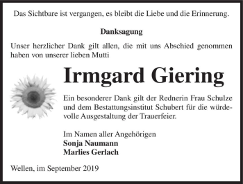 Traueranzeige von Irmgard Giering  von Magdeburger Volksstimme