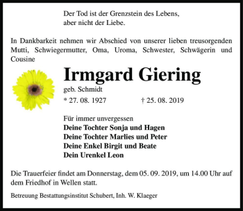 Traueranzeige von Irmgard Giering (geb. Schmidt)  von Magdeburger Volksstimme