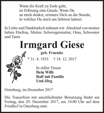 Traueranzeige von Irmgard Giese (geb. Fruenke)  von Magdeburger Volksstimme