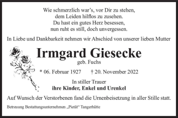 Traueranzeige von Irmgard Giesecke (geb. Fuchs)  von Magdeburger Volksstimme
