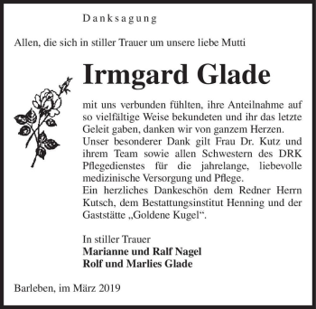 Traueranzeige von Irmgard Glade  von Magdeburger Volksstimme