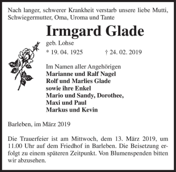 Traueranzeige von Irmgard Glade (geb. Lohse)  von Magdeburger Volksstimme