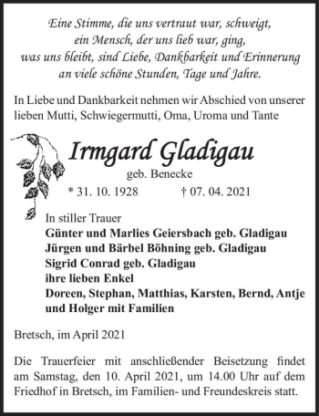 Traueranzeige von Irmgard Gladigau (geb. Benecke)  von Magdeburger Volksstimme