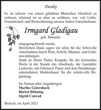 Traueranzeige von Irmgard Gladigau (geb. Benecke)  von Magdeburger Volksstimme