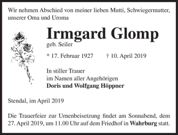 Traueranzeige von Irmgard Glomb (geb. Seiler)  von Magdeburger Volksstimme