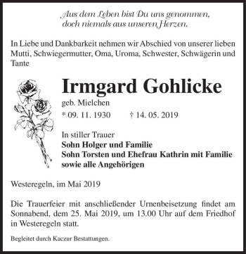 Traueranzeige von Irmgard Gohlicke (geb. Mielchen)  von Magdeburger Volksstimme