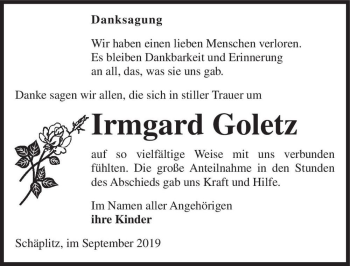 Traueranzeige von Irmgard Goletz  von Magdeburger Volksstimme