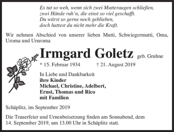 Traueranzeige von Irmgard Goletz (geb. Gruhne)  von Magdeburger Volksstimme