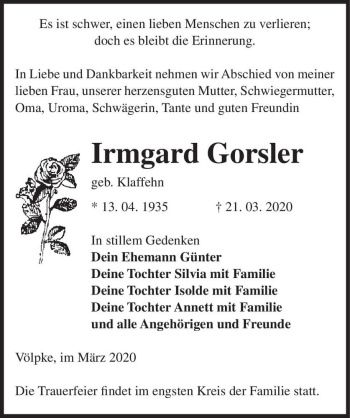 Traueranzeige von Irmgard Gorsler (geb. Klaffehn)  von Magdeburger Volksstimme