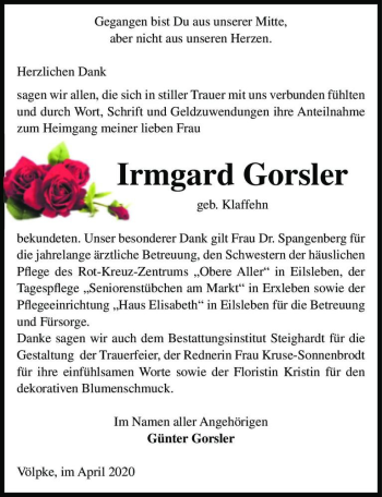 Traueranzeige von Irmgard Gorsler (geb. Klaffehn)  von Magdeburger Volksstimme