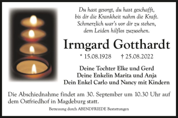 Traueranzeige von Irmgard Gotthardt  von Magdeburger Volksstimme