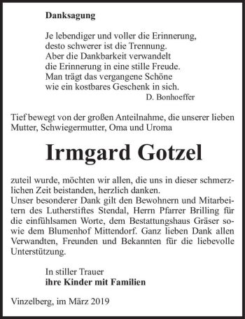 Traueranzeige von Irmgard Gotzel  von Magdeburger Volksstimme