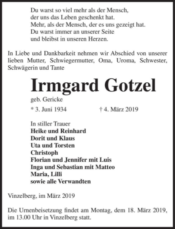 Traueranzeige von Irmgard Gotzel (geb. Gericke)  von Magdeburger Volksstimme
