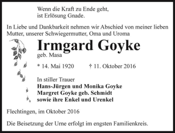 Traueranzeige von Irmgard Goyke (geb. Masa)  von Magdeburger Volksstimme