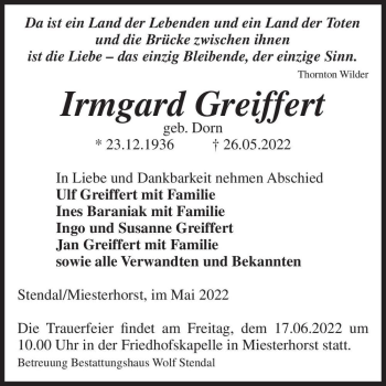 Traueranzeige von Irmgard Greiffert (geb. Dorn)  von Magdeburger Volksstimme