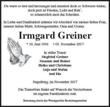 Traueranzeige von Irmgard Greiner  von Magdeburger Volksstimme