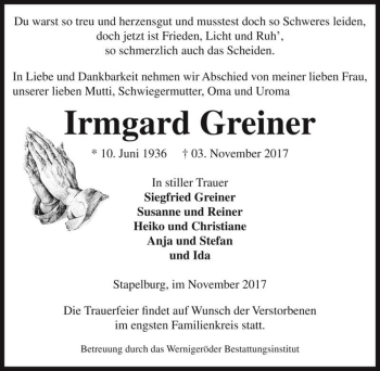 Traueranzeige von Irmgard Greiner  von Magdeburger Volksstimme
