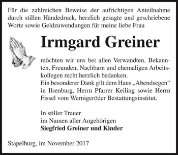 Traueranzeige von Irmgard Greiner  von Magdeburger Volksstimme