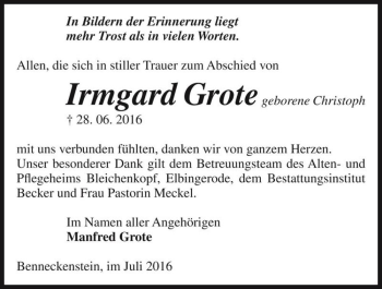 Traueranzeige von Irmgard Grote (geb. Christoph)  von Magdeburger Volksstimme