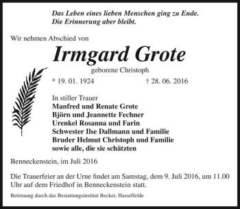 Traueranzeige von Irmgard Grote (geb. Christoph)  von Magdeburger Volksstimme