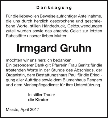 Traueranzeige von Irmgard Gruhn  von Magdeburger Volksstimme