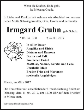 Traueranzeige von Irmgard Gruhn (geb. Schulz)  von Magdeburger Volksstimme