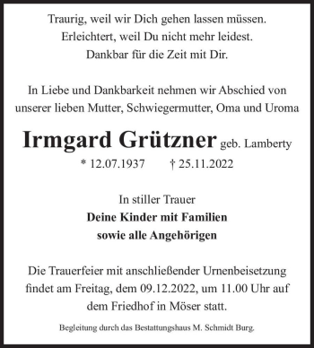 Traueranzeige von Irmgard Grützner (geb. Lamberty)  von Magdeburger Volksstimme