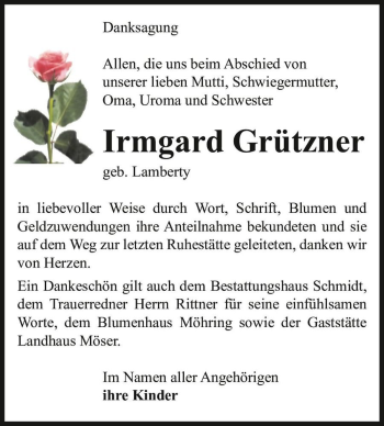 Traueranzeige von Irmgard Grützner (geb. Lamberty)  von Magdeburger Volksstimme