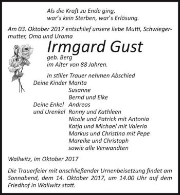 Traueranzeige von Irmgard Gust (geb. Berg)  von Magdeburger Volksstimme