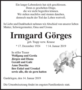 Traueranzeige von Irmgard Görges (geb. Trapp, verw. Krause)  von Magdeburger Volksstimme